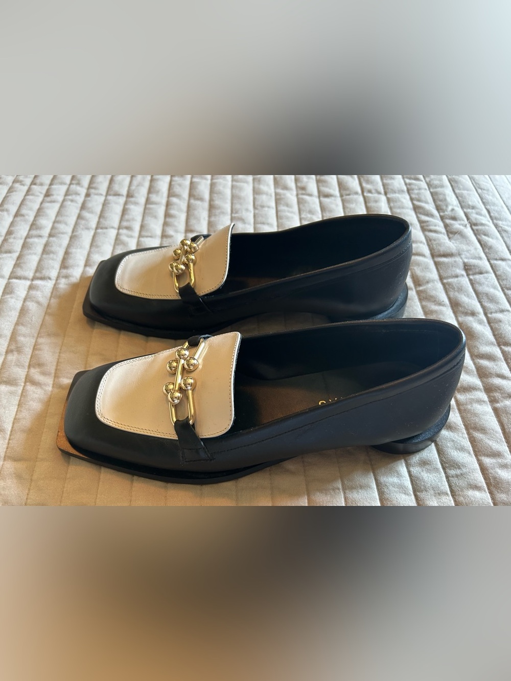 Alohas Two-Tone Black & White Leather Loafers with Gold Hardware - Picture 5 of 11
